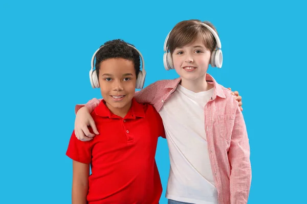 Little Boys Headphones Blue Background Children Day Celebration — Stock Photo, Image