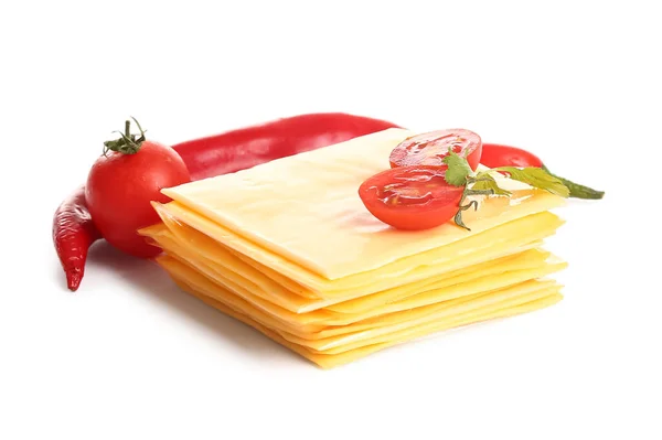 Slices Tasty Processed Cheese Tomatoes Chilli White Background — Stock Photo, Image