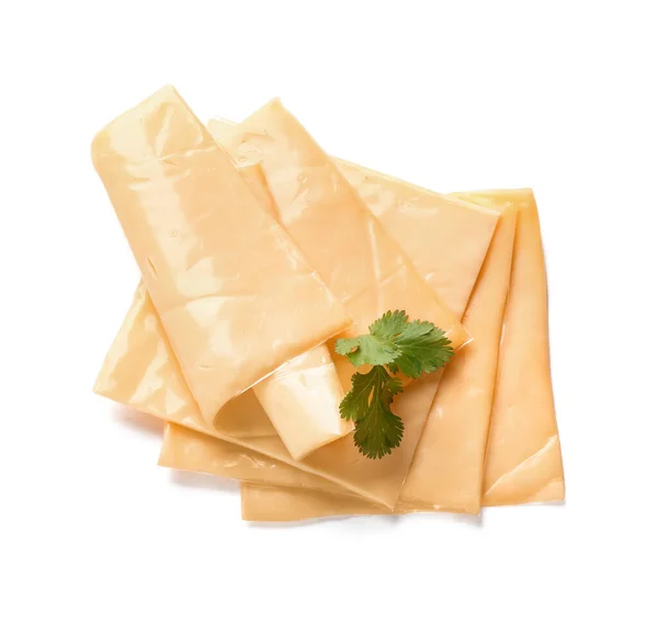 stock image Slices of tasty processed cheese with herbs on white background