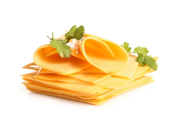 stock image Slices of tasty processed cheese with herbs on white background