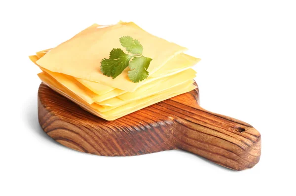 Board Tasty Processed Cheese Herbs White Background — Stock Photo, Image