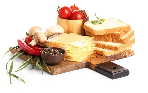 Board Tasty Processed Cheese Vegetables Bread White Background — Stock Photo, Image