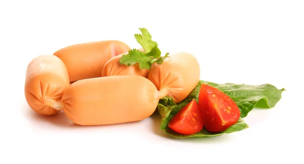 Salsichas Cozidas Saborosas Com Salsa Tomate Espinafre Fundo Branco — Fotografia de Stock