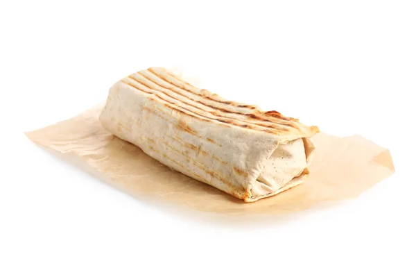 Papel Cozedura Com Shawarma Saboroso Fundo Branco — Fotografia de Stock
