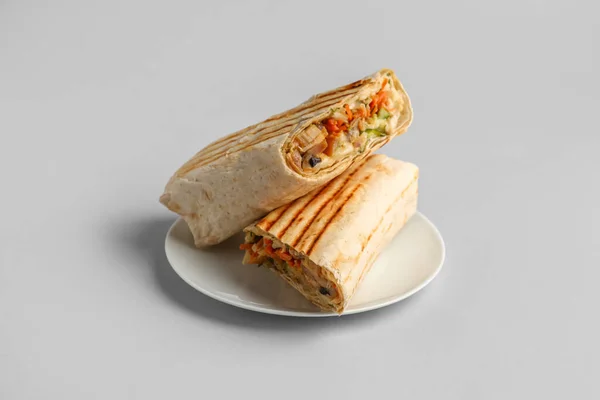 Plate Tasty Shawarma Grey Background — Stock Photo, Image