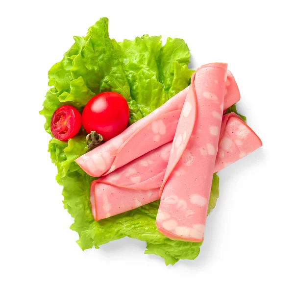 Slices of tasty boiled sausage with lettuce and tomatoes on white background