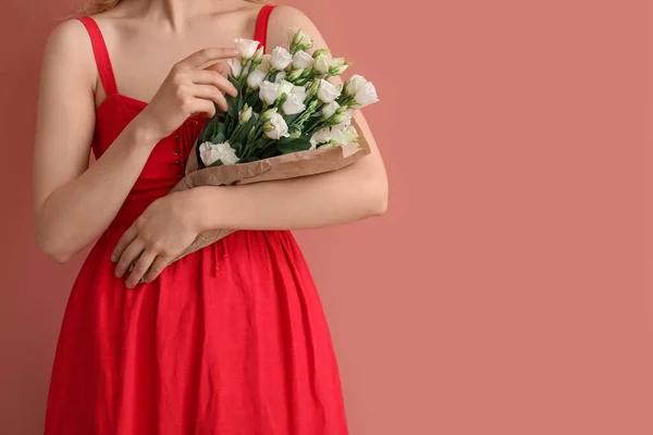 Young Woman Bouquet Beautiful Eustoma Flowers Pink Background — Stock Photo, Image