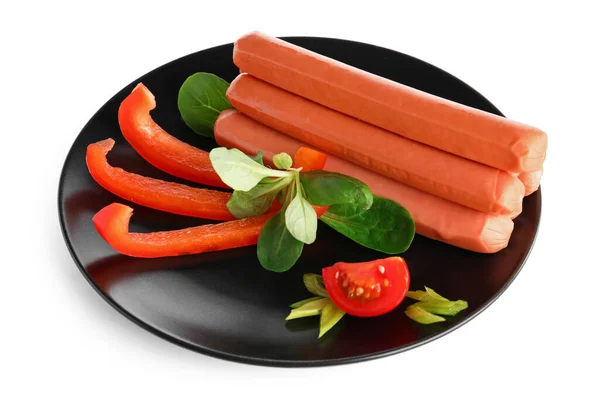 Plate Tasty Sausages Pepper Basil White Background — Stock Photo, Image