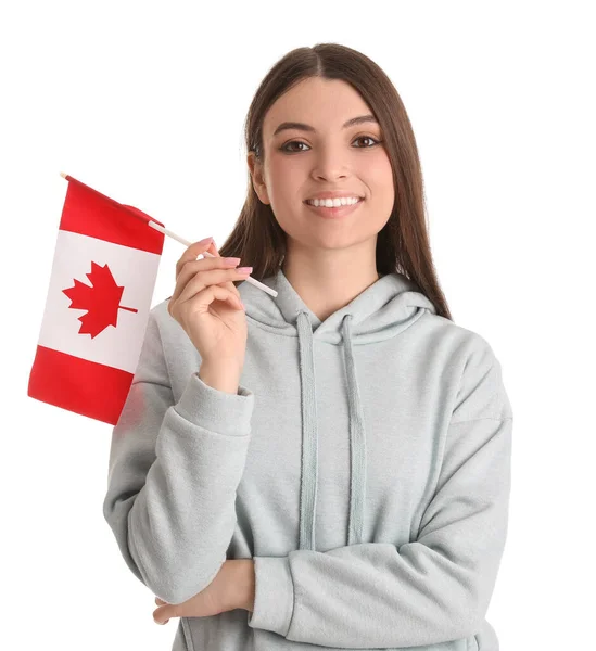 Młoda Kobieta Flagą Kanady Białym Tle — Zdjęcie stockowe