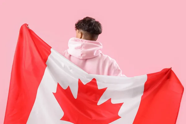 Young Man Flag Canada Pink Background — Stock Photo, Image