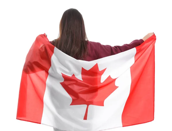 具有加拿大国旗的年轻女子 背景为白色 后视镜 — 图库照片