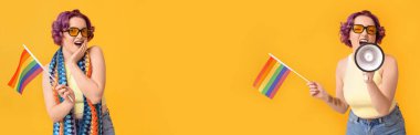 Sarı arka planda LGBT bayrakları ve megafon taşıyan genç kadınların olduğu pankart