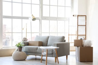 Taşındığı gün oturma odasında esnek ambalajlı ve mobilyalı karton kutular.