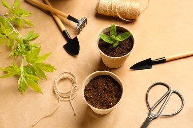 Bej arka planda fide ve bahçıvanlık araçları olan turba kapları