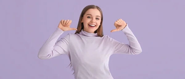 Smiling Young Woman Pointing Herself Lilac Background — Stock Photo, Image