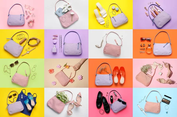 Collage Van Stijlvolle Vrouw Handtassen Met Accessoires Kleur Achtergrond Bovenaanzicht — Stockfoto
