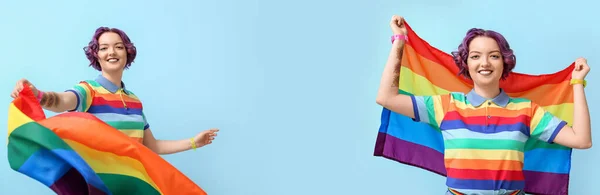 Transparent Mit Jungen Frauen Mit Lgbt Fahnen Auf Blauem Hintergrund — Stockfoto