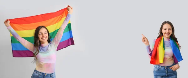 Banner Mladými Ženami Drží Vlajky Lgbt Světlém Pozadí — Stock fotografie