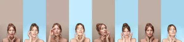 Set Van Mooie Jonge Vrouw Met Natuurlijke Make Kleur Achtergrond — Stockfoto