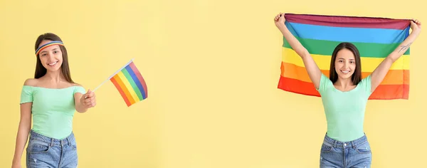 Banner Young Women Holding Lgbt Flags Yellow Background — Stock Photo, Image