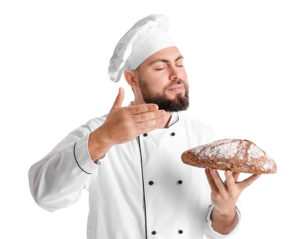 Male Baker Fresh Bread White Background — Stockfoto
