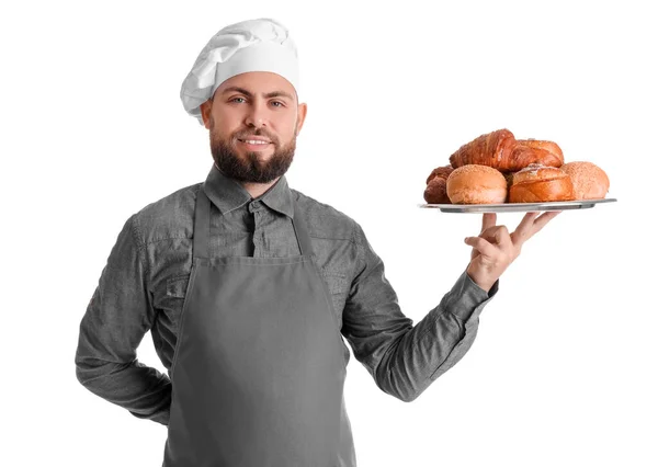 Male Baker Holding Tray Pastries White Background — Foto Stock