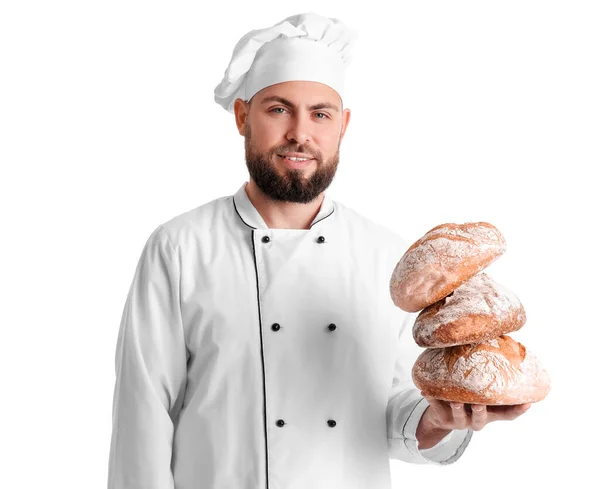 Male Baker Loaves Fresh Bread White Background — Stock Photo, Image
