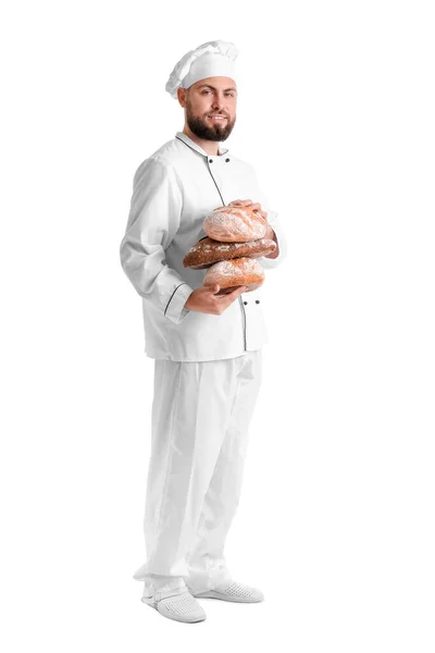 Male Baker Loaves Fresh Bread White Background — Foto Stock