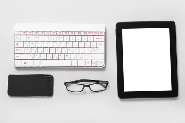 Composition Tablet Computer Glasses Keyboard Mobile Phone White Background — Stock Photo, Image