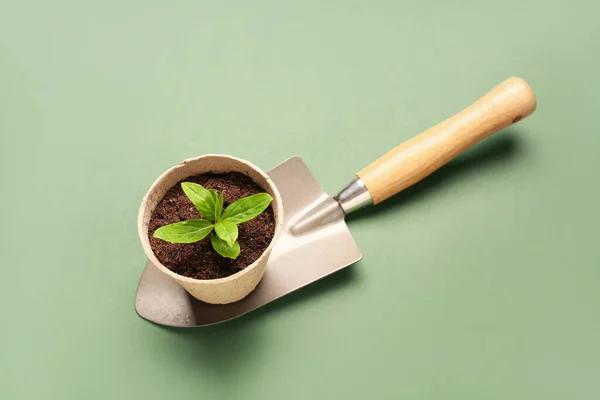 Turf Pot Met Groene Zaailing Schop Groene Achtergrond — Stockfoto