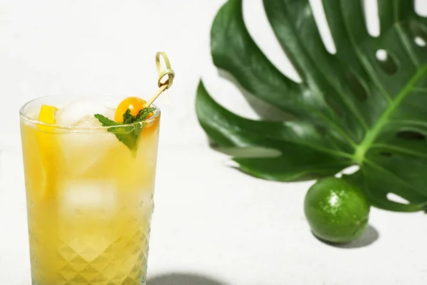 Cocktail Verão Fresco Com Limão Cereja Inverno Hortelã Fundo Grunge — Fotografia de Stock
