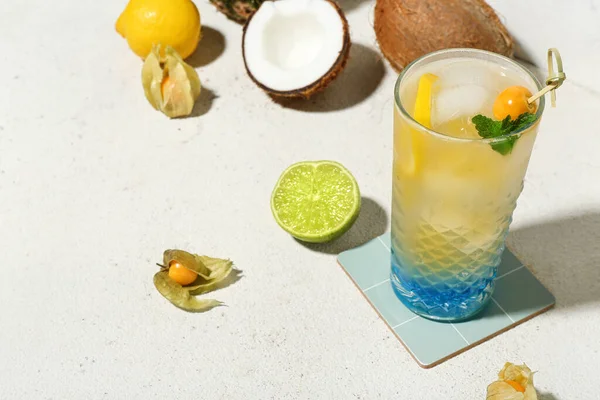 Fresh Summer Cocktail Lemon Winter Cherry Mint White Grunge Background — Stock Photo, Image