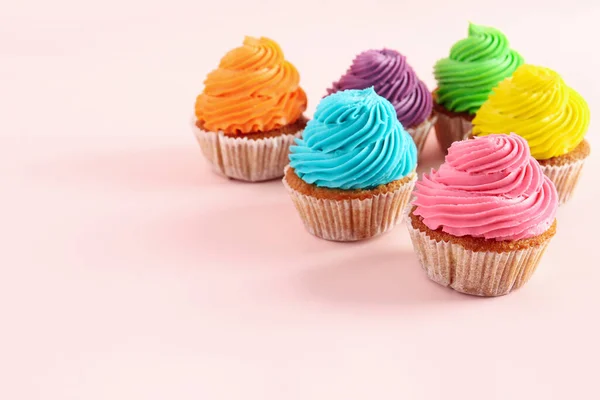 Tasty Colorful Cupcakes Pink Background — Stock Photo, Image