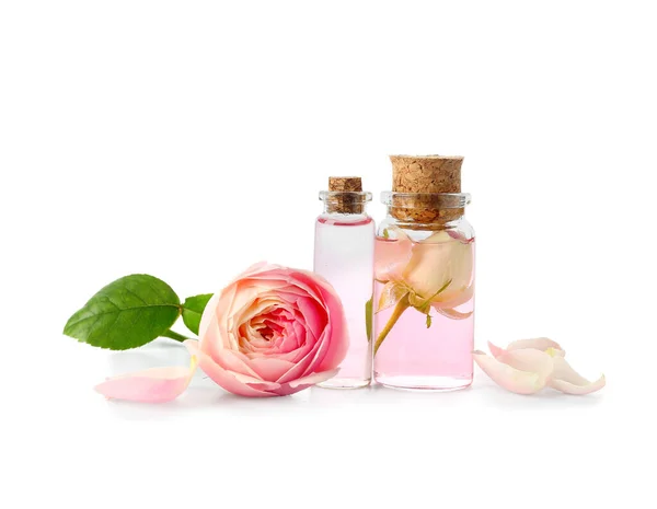 Пляшки Косметичної Олії Екстрактом Троянди Квіткою Білому Тлі — стокове фото