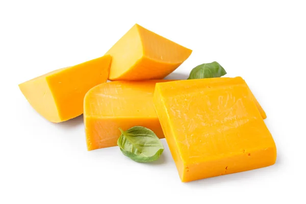Stücke Von Leckerem Cheddar Käse Auf Weißem Hintergrund — Stockfoto
