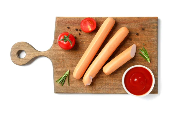 Board Tasty Sausages Tomatoes White Background — Stock Photo, Image