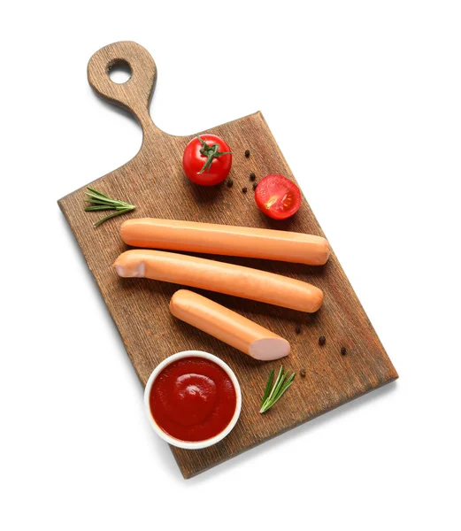 Board Tasty Sausages Tomatoes White Background — Stock Photo, Image