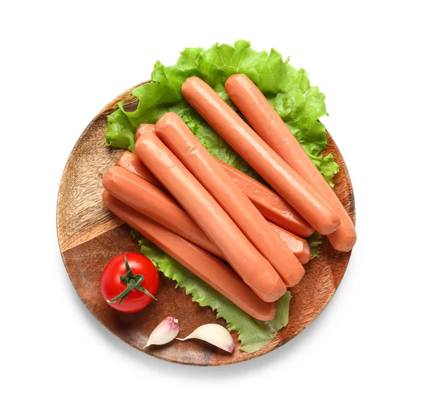 stock image Plate with tasty sausages and lettuce on white background