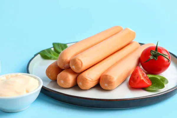 Plate Tasty Sausages Blue Background — Stock Photo, Image