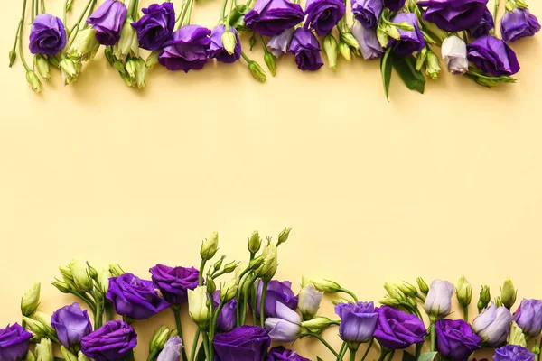 Composition with delicate eustoma flowers on color background