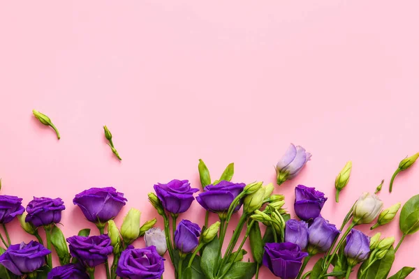Pembe Arka Planda Narin Eustoma Çiçekleri Olan Kompozisyon Yakın Plan — Stok fotoğraf