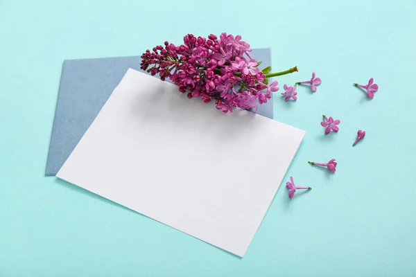 Blank Card Lilac Flowers Pale Blue Background — Stock Photo, Image