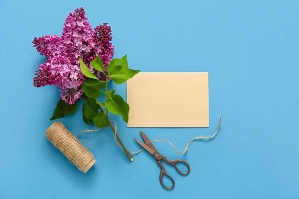 Orange Blank Card Bouquet Lilacs Blue Background — Stock Photo, Image