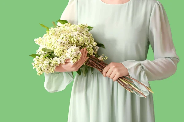 Young Woman Bouquet Lilac Flowers Green Background — Stock Photo, Image