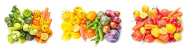 Beyaz arka planda farklı meyve ve sebze seti, üst görünüm