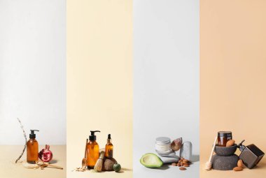 Işık ve bej arkaplan üzerine doğal kozmetik ürünleri kolajı