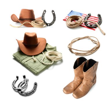 Beyaz arka planda kovboy aksesuarları ve ABD bayrağı.