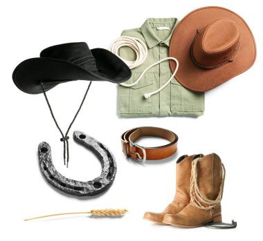 Beyaz arka planda kovboy aksesuarları.