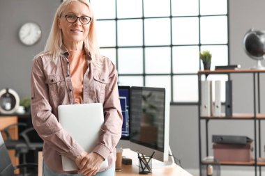 Olgun kadın programcı ofiste dizüstü bilgisayarla çalışıyor.