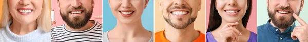Kolaż Wielu Osób Zdrowymi Zębami Zbliżenie — Zdjęcie stockowe